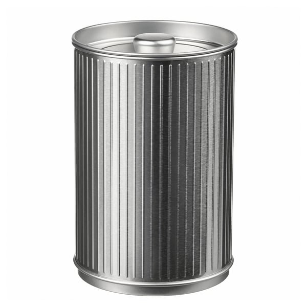 A cylindrical, silver-colored trash can. It has vertical, ridged patterns and a rounded lid. The design is metal with a shiny, polished finish.