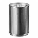 A cylindrical, silver-colored trash can. It has vertical, ridged patterns and a rounded lid. The design is metal with a shiny, polished finish.