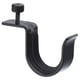Black steel curtain rod hook with clamp, anti-slip liners, white background.