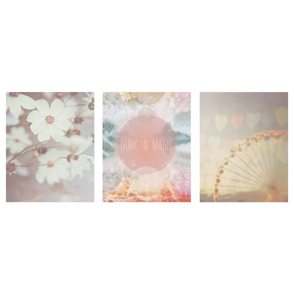 Three posters: flowers, think in magic, partial ferris wheel.