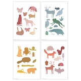 Four illustrated posters of varied wildlife scenes by joelle wehkamp and aniek bartels.