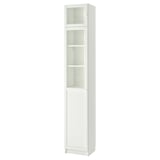 White BILLY bookcase with glass doors, tall rectangular shape, adjustable shelves.