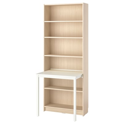 BILLY: light wood bookcase with desk, slim shelves, white legs, natural finish, space-saving design.