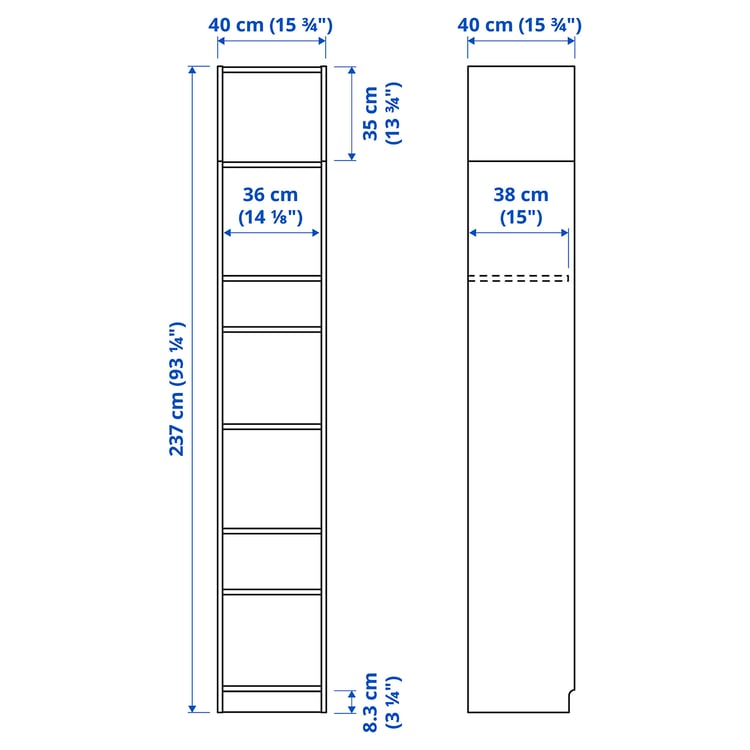 BILLY bookcase with height extension unit, white, 40x40x237 cm IKEA