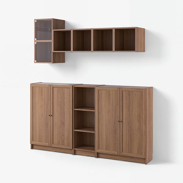 BILLY / EKET Storage combination with doors, brown walnut effect/clear glass