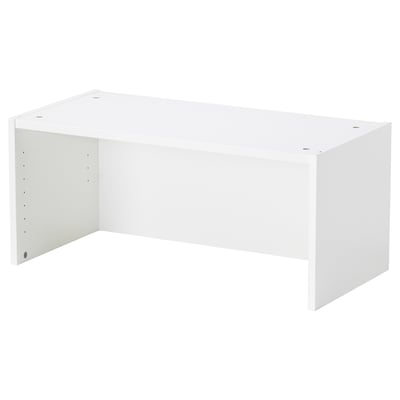 White BILLY bookshelf, particleboard & polypropylene, rectangular, flat top & back, extends wall space.