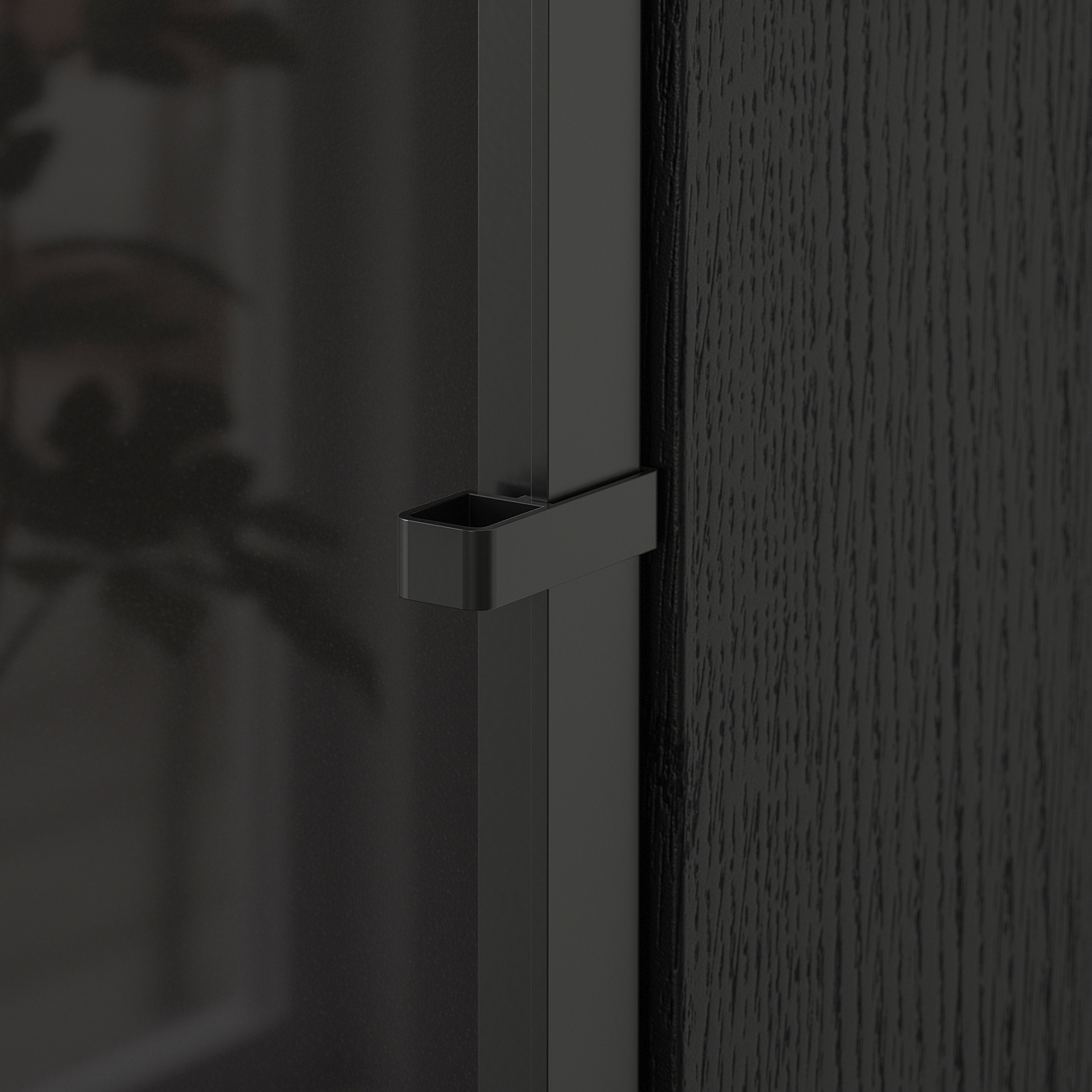 Black wooden cabinet with sleek metal handle, featuring adjustable hinges and textured finish.