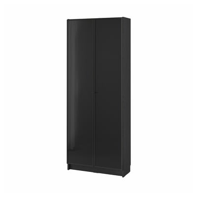 Black BILLY bookcase with glass doors, sleek modern design, adjustable shelves.