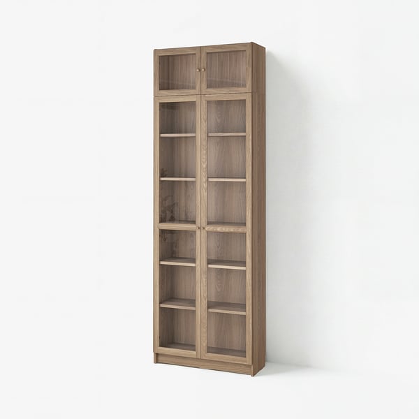 BILLY / OXBERG Bookcase w glass doors/ext unit, oak effect/clear glass, 80x30x237 cm