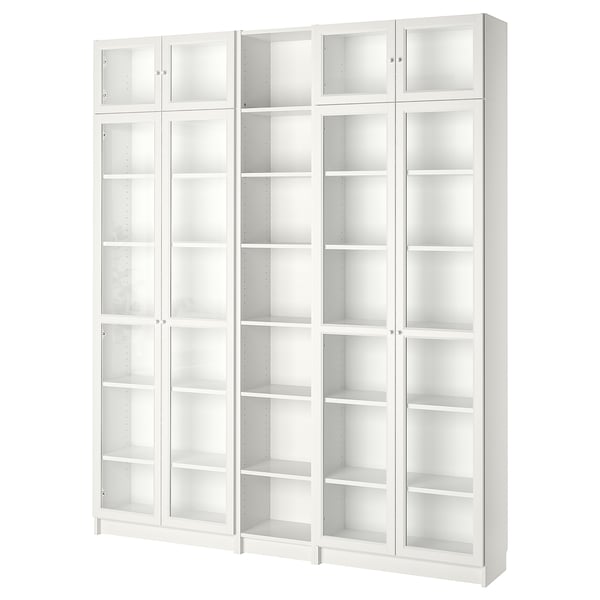 White BILLY bookcase with clear glass doors, adjustable shelves, and minimalist design.