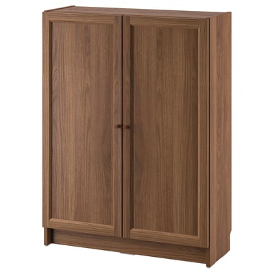 Wooden BILLY bookcase, brown shade, rectangular shape, two door design, made from particle and fiberboard.