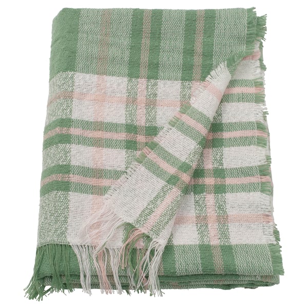 BISKOPSMÖSSA green & white throw blanket, soft, fringed, recycled polyester.