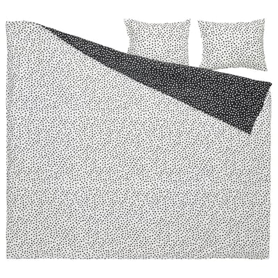 BJÖRKGRÅMAL duvet set, white with black dots, 4-piece, rectangle shape with envelope closure.