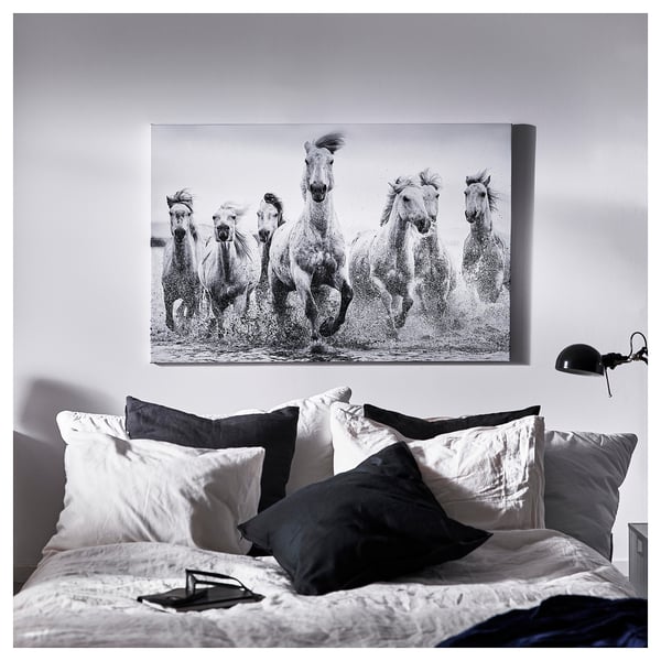 BJÖRKSTA Picture with frame, horses at the water's edge/black, 118x78 cm