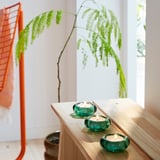 Three tealight holders on wooden shelf, lit, with fern plant.