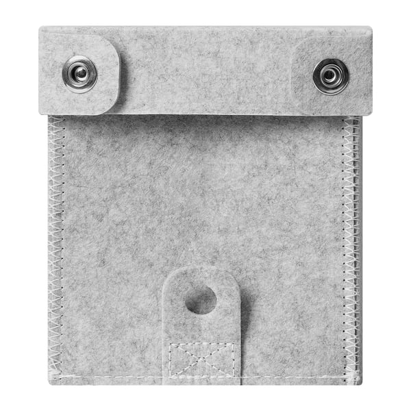 Square fabric organizer, sturdy stitching, two metal fasteners, central handle, gray color.