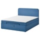 Option: Noted: blue BLÅFJÄLLET bed with white mattress, featuring storage, padded headboard, and sleek design.