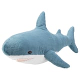 Blue shark plush toy; soft, light blue, white mouth, child-safe.