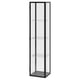 Black glass-door cabinet with four clear shelves, includes led spotlight.