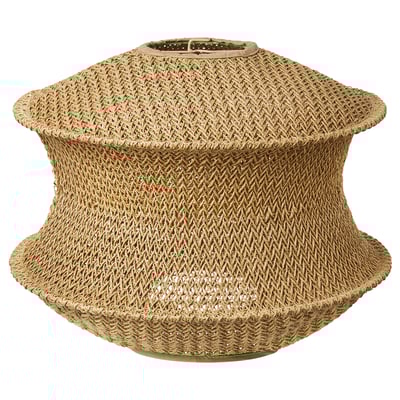 Beige pendant lamp with papyrus strings, warm light.