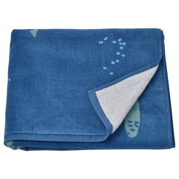 Blue BLÅVINGAD kids towel, folded, with light green turtle design, soft cotton.