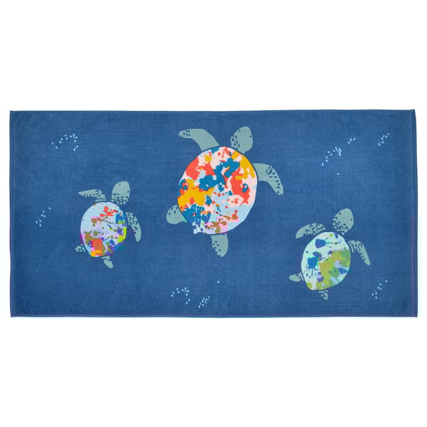 Blue turtle towel with colorful shells, rectangular shape, soft cotton.