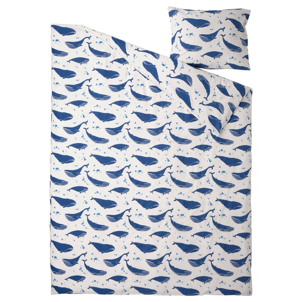 Blue whale patterned duvet & pillow, light blue on white, 100% cotton.