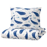 Blue whale bedding set. White with blue whales. Cotton material. Includes duvet and pillowcases. Soft, detailed design.