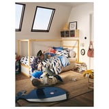 Kids room with BLÅVINGAD blue whale bedding, wood bunk bed, rug, and playful decor.