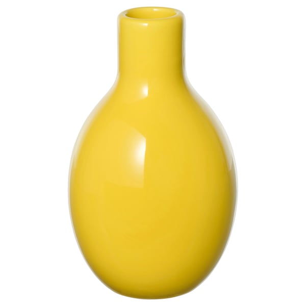 Bright yellow vase, round shape, narrow neck, stoneware.