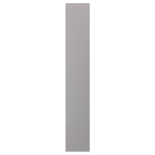 A vertical, grey BODBYN cabinet panel with beveled edges, made of acrylic-painted fiberboard, providing a smooth and traditional design.
