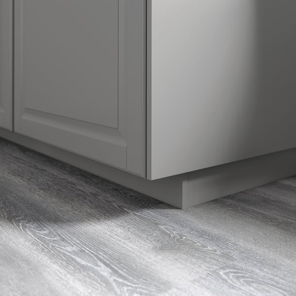 Gray kitchen cabinet plinths on wooden floor, creating a warm and traditional look, fitting metod series.
