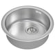 Option: Silver, stainless steel kitchen sink; round, single-basin, modern design; includes strainer.