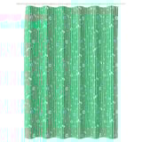 Green shower curtain with small floral pattern, stripes, and water-repellent surface.