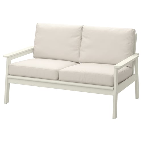 BONDHOLMEN 2-seat outdoor sofa, white, acacia wood & polypropylene cushions.