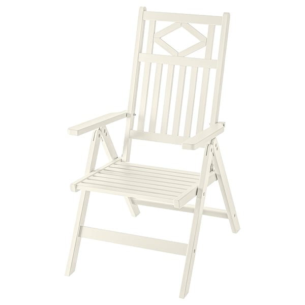 Adjustable wooden folding chair with vertical slats and stability edge.