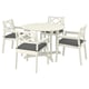 Option: A BONDHOLMEN white outdoor dining set with four chairs and a circular table, featuring dark gray cushions.