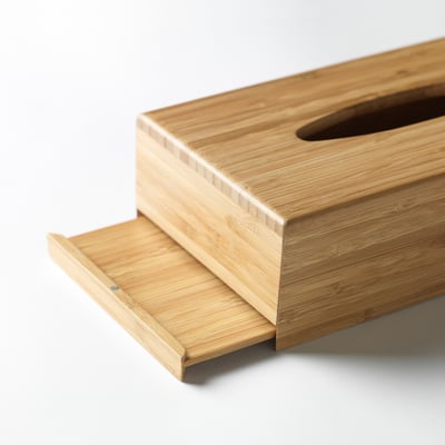 A bamboo tissue box with a clear acrylic lacquer finish, showing good quality craftsmanship and natural wood grain detail.