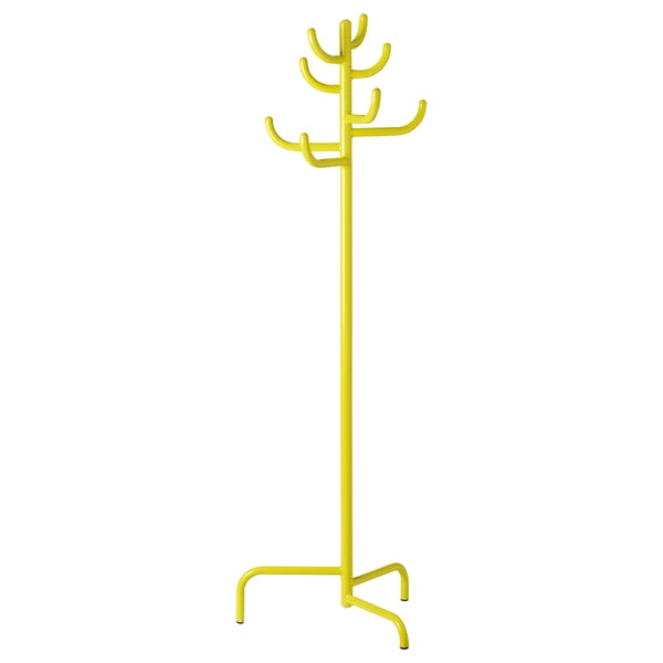 Bright yellow BONDSKÄRET coat stand with tree-like shape, sleek design, and sturdy steel base.