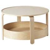 BORGEBY round coffee table in natural wood. Modern, two-tier design for storage. Birch veneer, light finish.