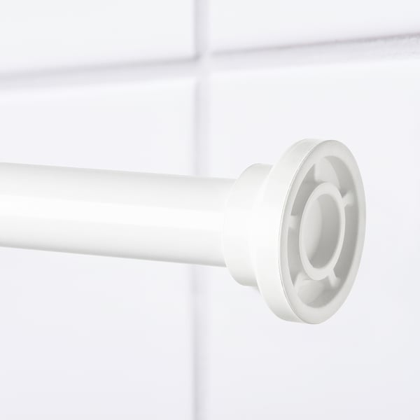 Close-up of white spring-loaded shower rod mechanism, sleek and modern design.