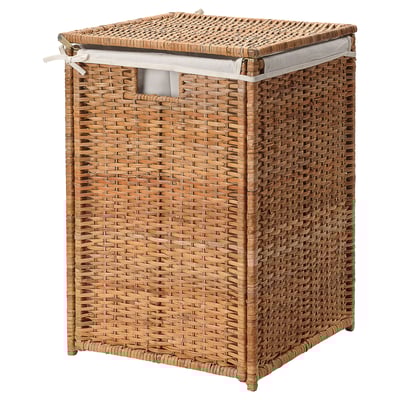 Branas woven laundry basket, brown, rectangular, rattan with lid.