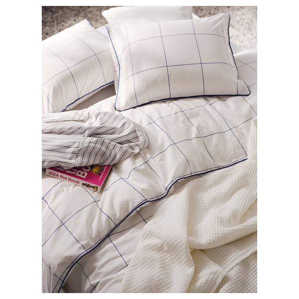 BREDVECKLARE Duvet cover and 2 pillowcases, white blue/check, 240x220/50x60 cm