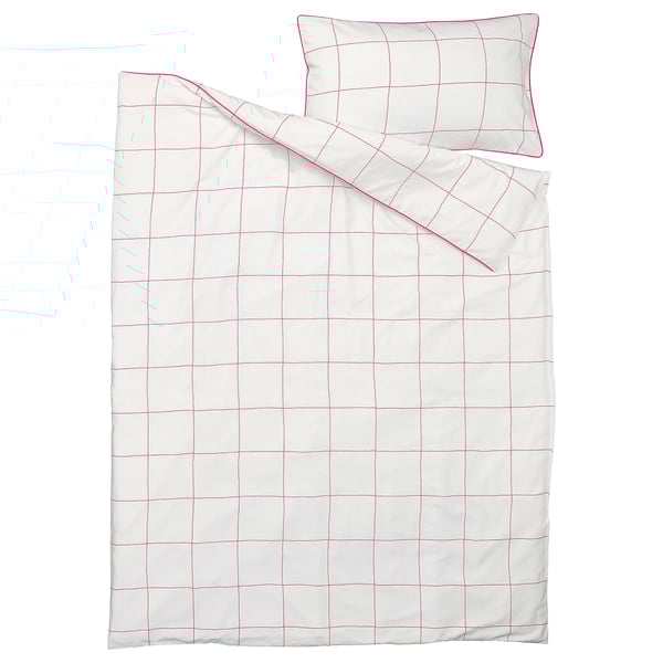 BREDVECKLARE: white duvet & pillow cover set, grid pattern, pink lines, cotton-viscose blend, smooth, rectangular.