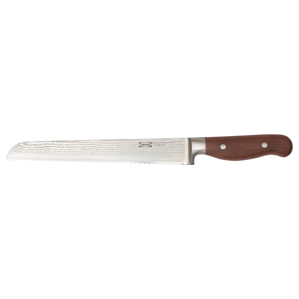 A BRILJERA damascus steel knife with a wooden handle. It a sharp blade and durable, ergonomic design.