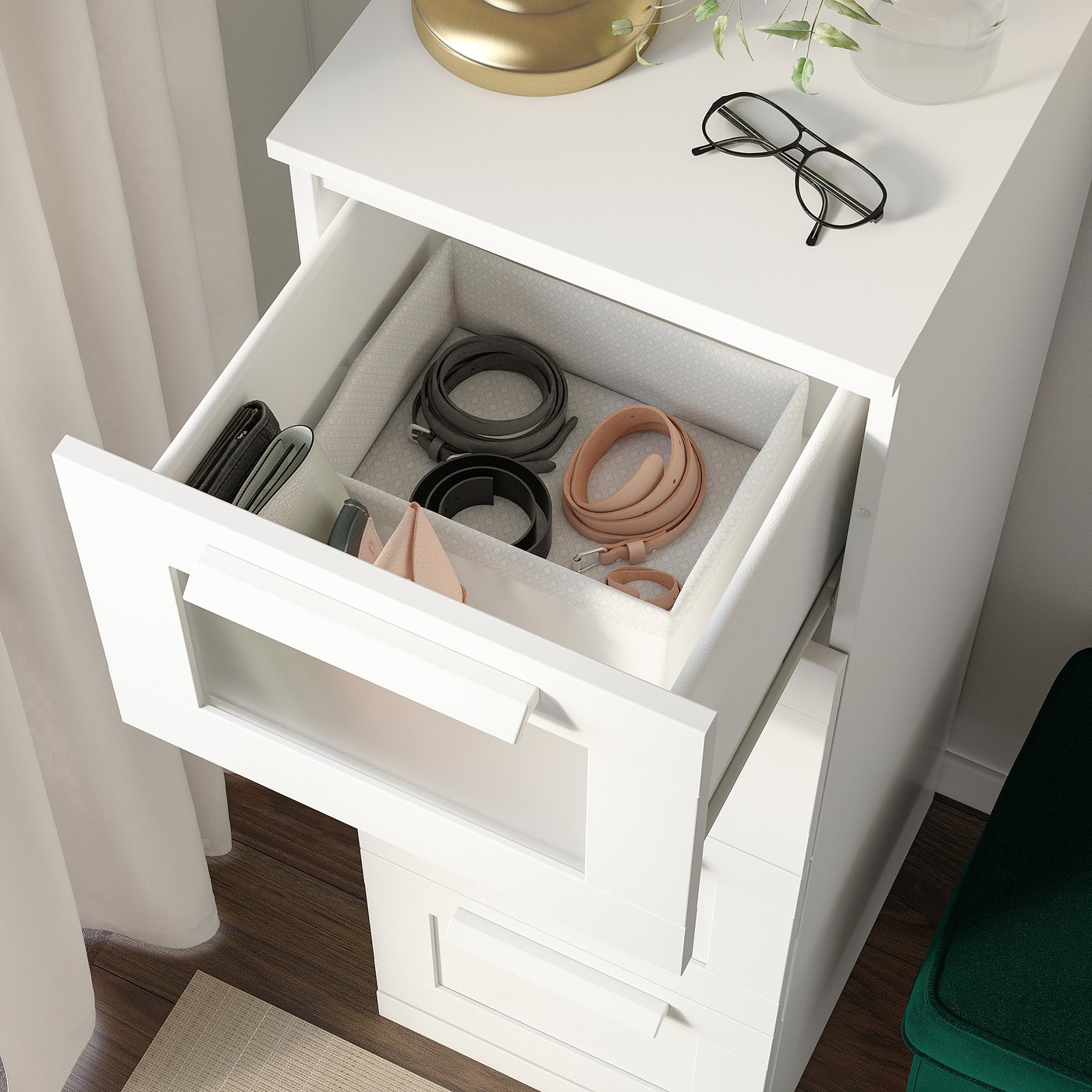 BRIMNES chest of 4 drawers, white/frosted glass, 39x46x124 cm
