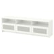A BRIMNES tv bench in white with glass doors and open shelves. Modern design provides storage for media accessories.