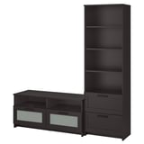 Black BRIMNES storage unit: tv bench with glass doors, drawers; tall bookcase with shelves. Minimalist, functional design.