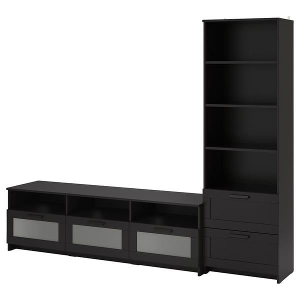 Black BRIMNES tv unit: wide console, 3 drawers, glass fronts; tall bookcase, 4 shelves for organized media storage.