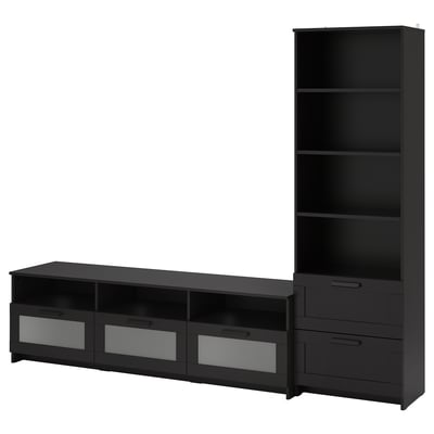 Black BRIMNES tv unit: wide console, 3 drawers, glass fronts; tall bookcase, 4 shelves for organized media storage.